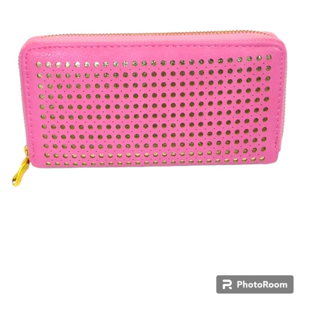 2 Chic Barbie Pink Perforated Faux Leather Gold Under & Goldtone 3/4 Zip Around